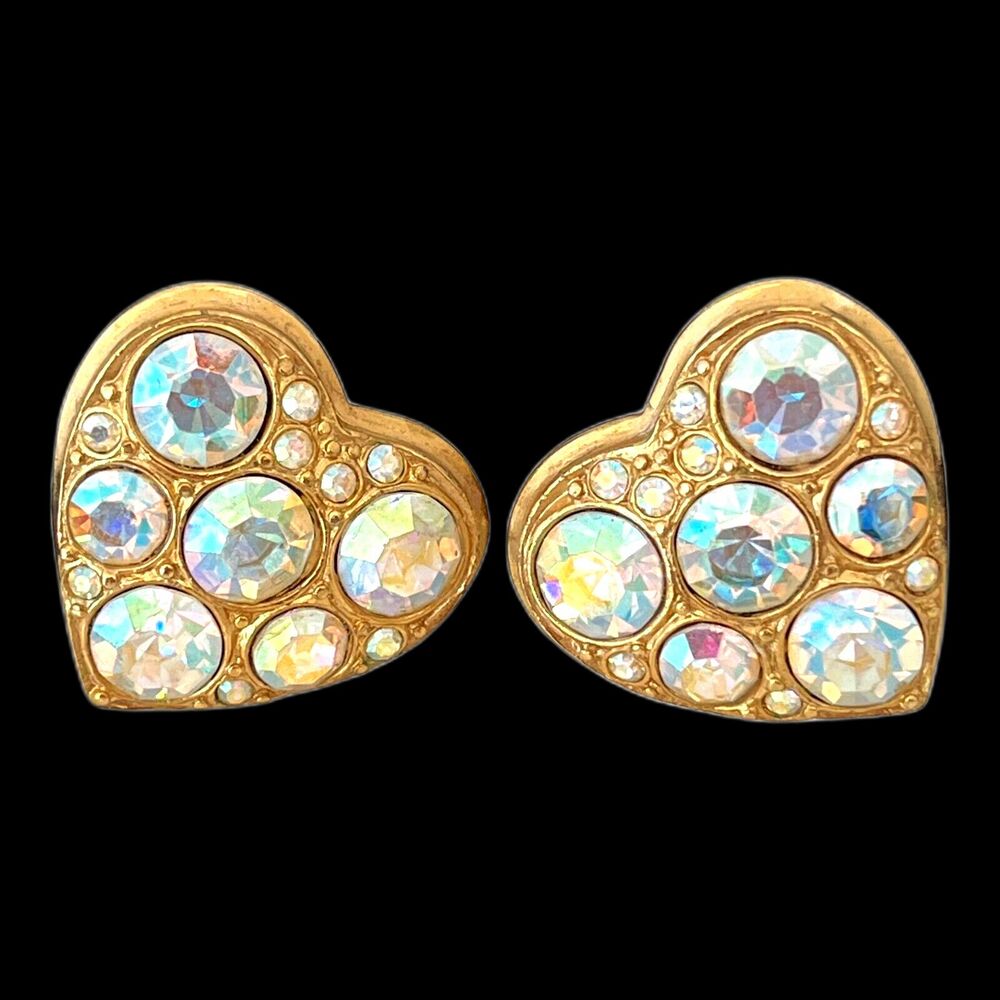 Vintage 1990s Kirks Folly Clip Earrings Gold Tone AB Heart - 1E